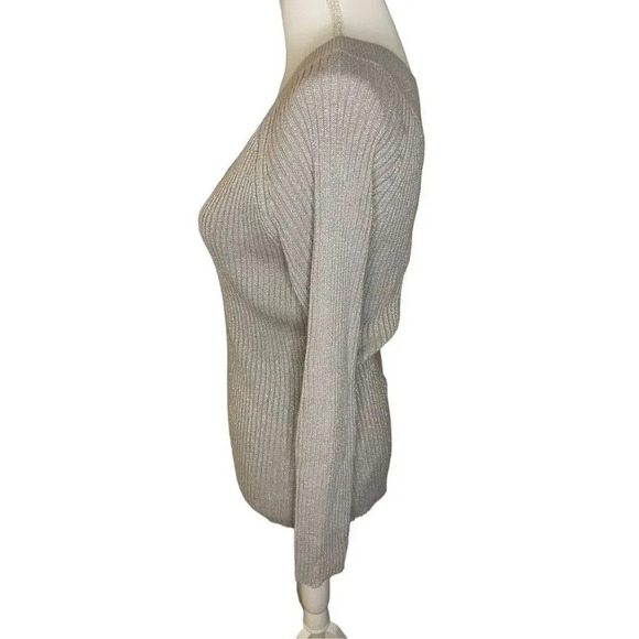 New York & Company Women’s Large Silver Metallic Sparkle Cable Knit Sweater - Picture 2 of 6